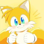  1boy animal_ears animal_nose blue_eyes blush commentary_request fox_boy fox_ears fox_tail furry furry_male gloves grin highres looking_at_viewer male_focus multiple_tails notice_lines roshii_(roshi_loshi_641) simple_background smile solo sonic_(series) tail tails_(sonic) upper_body white_gloves yellow_background 