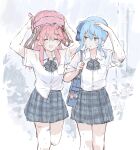  2girls absurdres arm_up arms_up backpack bag bag_over_head bandaid bandaid_on_leg blue_bag blue_hair blue_ribbon blush_stickers bow bowtie breast_pocket breasts character_charm charm_(object) closed_eyes collared_shirt commentary_request feet_out_of_frame grey_bow grey_bowtie grey_skirt hair_between_eyes hair_ornament hair_ribbon hand_on_own_head hand_up highres holding holding_bag hololive hoshimachi_suisei leg_up long_hair looking_at_another medium_breasts miniskirt multiple_girls one_side_up open_mouth outdoors pink_bag pink_hair plaid_bow plaid_bowtie plaid_clothes plaid_skirt pleated_skirt pocket rain ribbon sakura_miko school_uniform shirt shirt_partially_tucked_in shirt_tucked_in short_sleeves shoulder_bag skirt sleeves_rolled_up soutanookiba unworn_backpack unworn_bag virtual_youtuber white_background white_shirt x_hair_ornament 