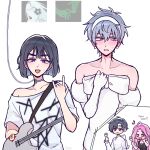  2boys 2girls absurdres alien_stage black_hair blue_eyes blush bob_cut dress earrings elbow_gloves gloves grey_hair guitar highres holding holding_guitar holding_instrument instrument ivan_(alien_stage) jewelry long_hair looking_at_viewer mizi_(alien_stage) multiple_boys multiple_girls off-shoulder_dress off_shoulder open_mouth pink_hair purple_eyes short_hair simple_background sphere_earrings sua_(alien_stage) thick_eyebrows till_(alien_stage) toastyy tongue tongue_out white_background white_dress white_gloves 