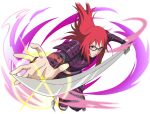  1girl armor dou glasses holding holding_sword holding_weapon japanese_armor karin_(naruto) katana long_hair looking_at_viewer naruto_(series) naruto_shippuuden:_ultimate_ninja_blazing official_alternate_costume official_art purple_armor red_eyes red_hair sandals shoulder_armor sode solo sword weapon 