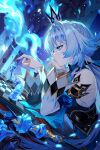  1girl absurdres blue_dress blue_eyes blue_fire blue_hair cerydra_(honkai:_star_rail) chess_piece chessboard closed_mouth commentary_request crown detached_sleeves dress english_commentary fire from_side highres honkai:_star_rail honkai_(series) jewelry king_(chess) libero_art_studio light_particles long_hair mini_crown mixed-language_commentary multiple_rings pawn_(chess) queen_(chess) ring sleeveless sleeveless_dress solo thumb_ring wide_sleeves 