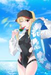  1girl 304back_s absurdres baseball_cap black_hat black_one-piece_swimsuit blonde_hair blue_sky breasts casual_one-piece_swimsuit cloud commentary_request cropped_jacket day diffraction_spikes fate_testarossa food hair_between_eyes hat high_ponytail highleg highleg_one-piece_swimsuit highres holding holding_food holding_popsicle holding_swim_ring innertube jacket lens_flare licking_food long_hair long_sidelocks looking_at_viewer lyrical_nanoha lyrical_store mahou_shoujo_lyrical_nanoha_exceeds:_gun_blaze_vengeance medium_breasts ocean official_alternate_costume one-piece_swimsuit one_eye_closed open_clothes open_jacket outdoors ponytail popsicle red_eyes sidelocks sky solo swim_ring swimsuit tongue tongue_out upper_body water watermelon_bar white_jacket wispy_bangs 