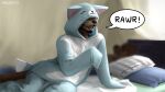  16:9 2021 anthro bed biped brown_body brown_fur clothing costume dialogue english_text fur furniture geewolf hi_res inside kigurumi lutrine male mammal mustelid on_bed open_mouth solo speech_bubble text tongue whiskers widescreen 