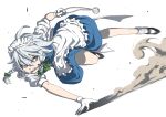  1girl ahoge apron blue_dress blue_eyes blue_skirt bow braid commentary_request dress duplicate dust dust_cloud frilled_apron frills full_body gloves green_bow green_ribbon grey_hair hair_between_eyes hair_bow hair_ribbon holding inuno_rakugaki izayoi_sakuya knife looking_at_viewer maid maid_apron maid_headdress motion_blur mouth_hold open_mouth parted_lips pixel-perfect_duplicate pocket_watch puffy_short_sleeves puffy_sleeves ribbon shadow shirt shoes short_hair short_sleeves simple_background skirt socks solo touhou tress_ribbon twin_braids waist_apron watch weapon white_apron white_background white_gloves white_shirt white_socks 