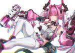  1girl absurdres ankle_boots aqua_streaks arknights arknights:_endfield artzy_tyrannical_(arknights) black_boots black_gloves black_horns black_tube_top blue_eyes boots breasts commentary cone_hair_bun crop_top detached_sleeves double_bun dragon_girl dragon_horns dual_wielding foot_out_of_frame gloves gun hair_bun hair_intakes hair_on_horn handgun highres holding holding_gun holding_weapon horns kuromu large_breasts long_sleeves looking_at_viewer midriff multicolored_hair pants pink_gloves pink_hair pink_sleeves pointy_ears puffy_long_sleeves puffy_sleeves purple_hair simple_background smile solo strapless streaked_hair tail thick_tail tube_top twintails two-sided_gloves two-tone_hair weapon white_background white_pants yvonne_(arknights) 