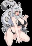  1girl absurdres animal_ear_fluff animal_ears arknights barefoot bikini black_background black_bikini black_eyes black_streaks blush braid breasts closed_mouth commentary_request feet front-tie_bikini_top front-tie_top full_body grey_hair grey_tail hand_up heart heart-shaped_pupils highres kneeling large_breasts looking_at_viewer multicolored_hair muusn navel nude open_mouth outline paw_pose pramanix_(arknights) pussy side_braids simple_background single_paw_pose snow_leopard_ears snow_leopard_girl snow_leopard_tail solo steaming_body streaked_hair sweat swimsuit symbol-shaped_pupils tail tail_raised toenails toes tongue tongue_out twin_braids two-tone_hair variant_set white_outline 