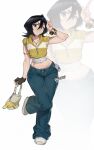  1girl absurdres alternate_costume armlet bag baggy_pants black_hair bleach brown_gloves cellphone closed_mouth crop_top cropped_hoodie denim flip_phone full_body gloves gold_armlet hair_between_eyes highres holding holding_bag hood hoodie jeans jewelry kuchiki_rukia leg_up long_hair_between_eyes looking_at_viewer medium_hair midriff navel necklace pants phone pointing pointing_up purple_eyes shirt shoes short_sleeves simple_background single_glove solo two-tone_hoodie white_background white_hoodie white_shirt white_shoes wide_hips yablofap yellow_hoodie 