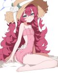  1girl absurdres anma21 barefoot blue_archive blue_halo chinstrap clothing_cutout commentary_request flower fluffy_hair frilled_one-piece_swimsuit frilled_thigh_strap frills from_side grey_eyes halo hat hat_flower highres iroha_(blue_archive) iroha_(swimsuit)_(blue_archive) looking_at_viewer official_alternate_costume one-piece_swimsuit pink_one-piece_swimsuit red_hair side_cutout sitting smile solo straw_hat sun_hat swimsuit thigh_strap wariza white_background 