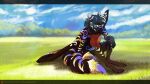  absurd_res anthro background_sky canid canine canis cloud colored detailed_background fatelessknight feathers forest fur grass hi_res hybrid inner_ear_fluff male mammal multi_tail multicolored_body multicolored_feathers multicolored_fur multicolored_tail plant pose shaded sirius_hoshi_skaarsgard spread_wings tree tuft wings wolf 