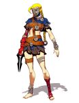  1girl ahoge alternate_costume arm_belt arm_blade armor bandaged_leg bandages barefoot belt blonde_hair blue_capelet blue_overskirt braid brown_belt brown_shirt brown_skirt capelet chain claw_(weapon) collar commentary concept_art crop_top decapre decapre_(fantasy) different_shadow english_commentary fingerless_gloves frilled_thigh_strap gauntlets genzoman gloves grey_mask hair_ornament harness huge_ahoge layered_skirt leg_armor leg_belt lock man_in_the_iron_mask mask medieval midriff miniskirt no_shoes o-ring official_alternate_costume official_art padlock padlocked_collar parody red_armor red_belt red_eyes shirt short_sleeves single_gauntlet skirt solo street_fighter street_fighter_iv_(series) studs thigh_strap torn_clothes torn_shirt torn_skirt twin_braids weapon 