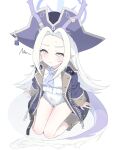  1girl absurdres ascot blue_archive casual_one-piece_swimsuit coat commentary_request covered_navel curtained_hair dragon_girl dragon_horns dragon_tail flat_chest frilled_one-piece_swimsuit frills halo hat highleg highleg_one-piece_swimsuit highres horns long_hair long_sleeves nanami_(blue_archive) one-piece_swimsuit partial_commentary pirate_hat pointy_ears purple_ascot purple_coat purple_halo solo swimsuit tail toiuwake8140 very_long_hair white_hair white_one-piece_swimsuit yellow_eyes 