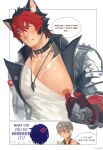  1girl 2boys absurdres anger_vein bara belle_(delicate_sunlight)_(zenless_zone_zero) belle_(zenless_zone_zero) bite_mark_on_chest blush closed_eyes english_commentary english_text highres implied_yaoi komano_manato looking_at_another looking_to_the_side male_focus multiple_boys muscular muscular_male nipples pectorals presenting_nipples speech_bubble tuna-jy wise_(soaring_crane)_(zenless_zone_zero) wise_(zenless_zone_zero) zenless_zone_zero 