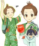  >_< 2boys backpack bag black_hair brown_hair candy_apple closed_eyes commentary_request crying festival_jinbei florian_(pokemon) food gloves green_shirt green_shorts hairband hands_up harube623 highres holding holding_pickaxe jacket kieran_(pokemon) korean_commentary korean_text long_sleeves male_focus multiple_boys multiple_views pickaxe pokemon pokemon_scarlet_and_violet shirt short_sleeves shorts single_glove streaming_tears tears topknot translation_request white_background yellow_hairband 