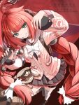  1girl arm_up black_skirt bow braid braided_twintails cardigan chest_bow commentary_request full_body green_eyes hair_ornament highres holding holding_umbrella leg_up long_hair looking_at_viewer pink_cardigan red_hair red_umbrella skirt smile solo sphere_hair_ornament standing standing_on_one_leg thigh_strap twin_braids twintails ukinami_yuzuha umbrella very_long_hair white_bow yukiwashibi zenless_zone_zero 