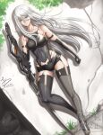  1girl a2_(nier:automata) android arm_strap artist_name bare_shoulders black_gloves black_shorts black_thighhighs blue_eyes breasts closed_mouth collarbone commentary_request double-parted_bangs dutch_angle eiwa elbow_gloves floating_hair gloves hair_between_eyes holding holding_sword holding_weapon huge_weapon joints long_hair looking_at_viewer medium_breasts micro_shorts midriff mole mole_under_mouth nier:automata nier_(series) outdoors planted planted_sword robot_joints sandals shirt shorts signature skin_seams sleeveless sleeveless_shirt solo standing sword taut_clothes thighhighs torn_clothes torn_shirt torn_thighhighs two-handed_sword type-4o_sword very_long_hair watermark weapon white_hair 