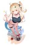  1girl absurdres ahoge bikini black_bikini blonde_hair breasts cissia_(zenless_zone_zero) cocktail_glass commentary_request cup drinking_glass goyo_(goyobluu) hair_ornament highres holding holding_cup korean_commentary large_breasts long_hair looking_at_viewer midriff navel pom_pom_(clothes) pom_pom_hair_ornament red_eyes sandals side_ponytail simple_background snake_girl snake_tail solo starfish swimsuit tail thigh_strap thighs very_long_hair white_background zenless_zone_zero 