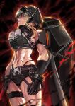  1girl artist_name bare_shoulders black_cloak black_shorts blonde_hair blue_eyes breasts broken_mask chain cloak coffin commentary_request crop_top eye_trail goddess_of_victory:_nikke grave_(nikke) hair_between_eyes hair_over_one_eye highres hood hooded_cloak large_breasts light_trail long_hair looking_at_viewer mask metal_gloves multiple_scars navel parted_lips scar scar_on_stomach shorts sidelocks solo stomach yukinoshin_f 