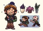  1boy bag beanie beard_stubble black_gloves brown_hair bryan_hodukavich chibi chibi_only commentary english_commentary facial_hair fingerless_gloves gloves hat herb highres jacket male_focus plant potted_plant resident_evil resident_evil_(2026_movie) running schlafzone short_hair shoulder_bag stubble vase worried zombie 
