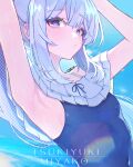  1girl armpit_focus armpits arms_up blue_archive blue_one-piece_swimsuit breasts casual_one-piece_swimsuit character_name frilled_one-piece_swimsuit frills halo heart heart_in_eye highres looking_at_viewer miyako_(blue_archive) miyako_(swimsuit)_(blue_archive) off-shoulder_one-piece_swimsuit off_shoulder official_alternate_costume one-piece_swimsuit ponytail presenting_own_armpit purple_eyes rafi_(rafitea) small_breasts solo swimsuit symbol_in_eye white_hair 