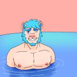  1:1 anthro chase chase_shinien facial_hair felid hi_res lion looking_at_viewer male mammal name:chase nipples pantherine pecs pool_(disambiguation) shy smile solo swimming_pool water 