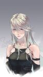  1girl a2_(nier:automata) absurdres android arm_strap artist_name blue_eyes breasts chinese_commentary closed_mouth collarbone commentary_request cropped_torso dated gradient_background grey_background hair_between_eyes highres long_hair long_sidelocks medium_breasts mole mole_under_mouth nier:automata nier_(series) pink_lips sidelocks signature simple_background skin_seams solo swept_bangs twitter_username watermark white_hair yeeej 