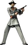  1boy absurdres black_shoes boutonniere buttons cigarette colored_sclera compensator demon_(megami_tensei) devil_summoner_(game) devil_summoner_(series) drum_magazine fedora flower full_body gangster gun hat highres holding holding_gun holding_weapon kazuma_kaneko killer_chopper_(megami_tensei) lily_(flower) long_sleeves looking_at_viewer magazine_(weapon) male_focus necktie official_art orange_sclera oversized_jacket partially_shaded_face pinstripe_pattern pinstripe_suit pointy_ears print_necktie shin_megami_tensei:_devil_summoner shoes simple_background smoking solo standing star_(symbol) star_print submachine_gun suit third-party_source thompson_submachine_gun transparent_background weapon white_hat white_suit yellow_eyes yellow_flower zoot_suit 