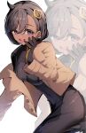  1girl absurdres black_bodysuit black_gloves black_hair blush bodysuit bodysuit_under_clothes breasts brown_jacket commentary_request dark-skinned_female dark_skin emma_(pokemon) gloves hair_ornament highres jacket latex latex_bodysuit long_sleeves looking_at_viewer medium_breasts mega_stone multicolored_gloves nii_(marimo_416) orange_gloves pokemon pokemon_legends:_z-a short_hair simple_background smile teeth two-tone_gloves upper_teeth_only zoom_layer 