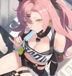  1girl absurdres black_shorts black_thighhighs breasts cleavage commentary crop_top detached_sleeves food food_in_mouth goyo_(goyobluu) green_eyes highres holding holding_food holding_popsicle large_breasts long_hair looking_at_viewer melting_popsicle midriff mole mole_on_breast mole_under_eye navel nicole_demara pink_hair popsicle popsicle_in_mouth short_shorts shorts single_thighhigh solo tank_top thighhighs thighs twintails very_long_hair white_tank_top zenless_zone_zero 