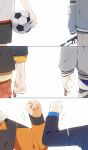  2boys adeucepien2 aoyagi_touya ball clenched_hand commentary_request fingernails hand_focus hand_on_own_arm highres long_sleeves male_focus multiple_boys project_sekai shinonome_akito simple_background soccer_ball white_background 