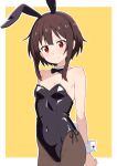  1girl absurdres animal_ear_hairband animal_ears black_eyes black_leotard black_pantyhose bow bowtie breasts commentary_request covered_navel cowboy_shot detached_collar fake_animal_ears hairband highleg highleg_leotard highres kono_subarashii_sekai_ni_shukufuku_wo! legs_together leotard looking_at_viewer megumin pantyhose playboy_bunny rabbit_ears rabbit_tail red_eyes ryo4423 short_hair_with_long_locks side-tie_leotard skinny small_breasts smile solo standing strapless strapless_leotard tail wrist_cuffs yellow_background 