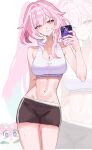  1girl alternate_costume black_shorts breasts cellphone chimera_(honkai:_star_rail) cleavage commentary_request cyrene_(demiurge)_(honkai:_star_rail) cyrene_(honkai:_star_rail) diamond-shaped_pupils diamond_(shape) go_tobuy highres holding holding_phone honkai:_star_rail honkai_(series) large_breasts long_hair looking_at_viewer multicolored_hair navel phone pink_hair purple_eyes selfie shorts simple_background smartphone smile solo sports_bra stomach symbol-shaped_pupils two-tone_hair very_long_hair white_background white_hair white_sports_bra yoga_shorts zoom_layer 