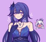  2girls absurdres ahoge bare_shoulders blue_dress blue_eyes blue_gloves breasts commentary dress earrings flower gloves hair_flower hair_ornament highres honkai_(series) honkai_impact_3rd jewelry kattoroni kiana_kaslana kiana_kaslana_(ba-dum!_fiery_wishing_star) large_breasts long_hair multiple_girls purple_background purple_eyes purple_hair raiden_mei simple_background smile tiara very_long_hair white_hair yuri 