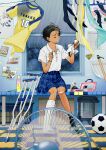  1girl ball bandaid bandaid_on_knee bandaid_on_leg black_hair black_socks blue_skirt broken_leg cast collared_shirt commentary_request crutch electric_fan flip-flops highres indoors jersey leg_cast leg_injury one_eye_closed original photo_(object) rain sandals scissors sewing sewing_kit shirt shirt_tucked_in short_hair short_sleeves sitting skirt snails0106 soccer_ball socks solo_focus tan teruterubouzu thermos thread white_shirt window 