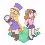  2girls :o a_hat_in_time arm_up black_necktie black_shoes blonde_hair blue_eyes blush_stickers boots brown_boots brown_hair brown_pants cape child closed_eyes closed_mouth commentary cosplay costume_switch crossover english_commentary fingerless_gloves flower frog glasses gloves grass grey_shorts hair_flower hair_ornament hair_tie hand_on_own_hip hands_up hat hat_kid hat_ribbon here_comes_niko! highres hourglass jacket long_hair long_sleeves looking_ahead looking_at_object medium_hair multicolored_shoes multiple_girls necktie niko_(here_comes_niko!) open_mouth pants pepper_(here_comes_niko!) pink_shirt ponytail purple_eyes purple_gloves purple_hat purple_jacket ribbon shading_eyes shirt shoes short_sleeves shorts sidelocks signature smile softum sparkle split_mouth standing top_hat two-tone_shoes white_background white_flower white_shoes yellow_cape yellow_ribbon zipper_pull_tab 