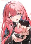 1girl :d arknights black_jacket commentary feeding_viewer fingernails food highres holding holding_food jacket lemuen_(arknights) light_blush long_hair long_sleeves looking_at_viewer nnnure open_mouth pink_eyes pink_hair simple_background sleeve_zipper smile solo upper_body white_background zipper 