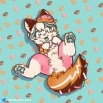  1:1 abstract_background ambiguous_gender anthro clothing dessert doughnut food footwear fur looking_at_viewer lying mammal misterdonut on_back open_mouth pawpads paws pink_body pink_fur socks solo 