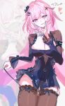  1girl alternate_costume black_bow black_dress black_shrug black_thighhighs bow breasts cleavage commentary_request cosplay cowboy_shot cyrene_(honkai:_star_rail) dress finger_to_cheek go_tobuy hair_bow hair_ornament heart highres honkai:_star_rail honkai_(series) large_breasts long_hair looking_at_viewer medium_hair mihoyo pink_hair purple_eyes remielle_dan remielle_dan_(cosplay) remielle_dan_(moonlight_whispers) shrug_(clothing) simple_background smile solo thighhighs very_long_hair white_background zenless_zone_zero 