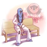  artist_name closed_eyes commentary_request flower highres kuso_miso_technique on_bench pokedex_number pokemon pokemon_(creature) rose sawk sitting sparkle throh yaranaika zhandou_greymon 