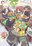  >_< 4girls absurdres ahoge allet_(trickcal) belt black_jacket blonde_hair blue_eyes body_armor breasts brown_eyes brown_hair bulletproof_vest butt_crack camouflage camouflage_jacket can canna_(trickcal) cargo_pants cellphone chicken_(food) chopsticks cleavage closed_eyes commentary_request credit_card denim drink_can drooling dumpling eating elena_(trickcal) face_shield food fried_chicken green_jacket green_pants helmet high_ponytail highres impending_doom jacket jeans jiaozi korean_commentary korean_text layze_(trickcal) medium_breasts medium_hair multiple_girls noodles open_mouth pants phone pointy_ears police police_uniform ponytail riot_helmet riot_police short_hair sibeoji smartphone smile soda soda_can spoon strapless sunglasses tactical_clothes taida_(trickcal) trickcal tube_top 