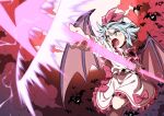  1girl ascot bat_(animal) bat_wings battle blue_hair blush bow brooch cloud commentary_request dress electricity fang flying frilled_dress frilled_shirt frilled_skirt frilled_sleeves frills glowing glowing_weapon hair_between_eyes hat hat_ribbon holding holding_polearm holding_weapon inuno_rakugaki jewelry light_trail lightning looking_at_viewer mob_cap open_mouth outdoors outstretched_arm pink_dress pink_hat pink_ribbon pink_skirt polearm puffy_short_sleeves puffy_sleeves red_ascot red_eyes red_ribbon red_sky remilia_scarlet ribbon shirt short_hair short_sleeves skirt sky solo spear_the_gungnir touhou v-shaped_eyebrows weapon white_shirt wings 