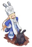  1girl absurdres bangboo_(zenless_zone_zero) blonde_hair blue_jacket blush boots commentary_request grey_boots hat highres jacket large_hat norma_hollowell open_mouth proud thighhighs white_background white_hat white_thighhighs yger zenless_zone_zero 