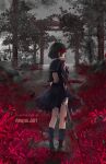  1girl ayasal black_hair blood commentary english_commentary flower highres holding holding_weapon original school_uniform shimizu_hinako shrine silent_hill_(series) silent_hill_f sketch solo spider_lily torn_clothes unfinished weapon 