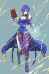  1girl bare_shoulders black_boots black_gloves bob_cut book boots breasts cleavage closed_mouth clothes_lift commentary_request cropped_jacket dress dress_lift earrings elbow_gloves electricity energy_ball fire_emblem fire_emblem:_the_blazing_blade framed_cleavage full_body gloves grey_background grimoire hair_between_eyes high-low_dress highres holding holding_book jacket jewelry kirazu_fehnuma knee_boots large_breasts long_dress magic pink_lips purple_dress purple_eyes purple_hair side_slit sidelocks simple_background sleeveless sleeveless_jacket smile solo swept_bangs ursula_(fire_emblem:_the_blazing_blade) 