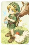  1boy artist_name beads belt bird blonde_hair blue_eyes boots border bottle brown_belt brown_boots chicken child commentary_request cucco epona fairy fold-over_boots grass green_hat hat highres holding holding_bottle horse link male_focus navi ponytail saino_misaki shield shield_on_back shoulder_belt standing sword sword_on_back the_legend_of_zelda the_legend_of_zelda:_ocarina_of_time the_legend_of_zelda:_ocarina_of_time_(remake) twitter_username weapon weapon_on_back white_border young_link 
