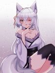  1girl :p ;) ;p absurdres animal_ears breasts chinese_commentary cleavage commentary_request commission fox_ears fox_girl fox_tail green_eyes highres japanese_clothes kimono large_breasts long_hair looking_at_viewer one_eye_closed original pixiv_commission purple_thighhighs smile solo tail thighhighs tongue tongue_out unique-blueberry v white_hair white_kimono 
