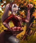  2021 5_fingers amur anthro apple breasts canid canine day detailed_background digital_media_(artwork) eyebrows eyelashes featureless_breasts female fingers hair hi_res mammal outside plant sky solo tree white_hair 