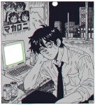  1boy beer_can breast_pocket building can chromatic_aberration collared_shirt computer dress_shirt drink_can elbow_rest full_moon glowing half-closed_eyes hand_on_own_head hatching_(texture) head_rest highres indoors kaneoya_sachiko leaning_on_table light_frown looking_to_the_side male_focus monochrome moon necktie night original pocket poster_(object) shirt short_hair sitting solo spot_color table torn_paper window 