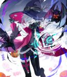 1girl absurdres alternate_costume bags_under_eyes bat_(animal) bird black_gloves black_hat black_mask black_pants black_shirt black_shoes blue_eyes candy casting_spell chibi chibi_on_shoulder cloak coat collared_shirt commentary_request croma_mhach crow food gas gloves goggles goggles_on_headwear halloween_bucket hand_on_own_hat hat highres horns lollipop long_sleeves looking_at_viewer magic_circle mask multicolored_hair necktie open_clothes open_coat pale_skin pants phylene_(shadowverse) red_coat red_streaks sephie_(shadowverse) shadowverse shirt shoes short_hair solo_focus streaked_hair symbol-shaped_pupils thigh_strap torn_clothes torn_hat triangle-shaped_pupils white_cloak white_hair white_necktie witch_hat wrapped_candy 