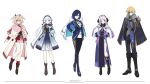  1boy 4girls absurdres amaichi_esora black_boots black_gloves blue_eyes blue_hair boots bracelet braid brown_boots citlali_(genshin_impact) closed_mouth commentary_request dainsleif_(genshin_impact) facial_mark genshin_impact glasses gloves hand_on_own_hip hand_up head_wings highres hoyofair jacket jacket_on_shoulders jewelry kamisato_ayaka kamisato_ayaka_(nord_express) linnea_(genshin_impact) linnea_(nord_express)_(genshin_impact) long_hair long_sleeves looking_at_viewer medium_hair multiple_girls pink_hair pink_socks pointy_ears red_eyes red_socks short_hair simple_background socks standing triangle triangle_facial_mark twin_braids white_background white_gloves white_jacket wings yelan_(genshin_impact) 