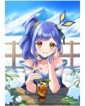  1girl artist_name bare_shoulders blue_choker blue_hair blue_nails blue_sky blush breasts brown_eyes choker cleavage collarbone commentary day double_strap_slip drink drinking_straw emi_kitori english_commentary eyelashes facial_mark fingernails flower food fruit glass grin hair_ornament hand_on_own_face head_rest highres holding holding_drinking_straw ice ice_cube leaf lemon lemon_slice lips long_hair mountain mountainous_horizon nail_polish outdoors piruluk shadow side_ponytail sky smile snow solo strap_slip teeth triangle triangle_facial_mark white_flower wixoss 